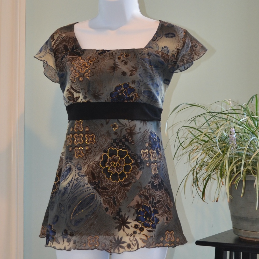 Metallic Print Blouse with Tie Back